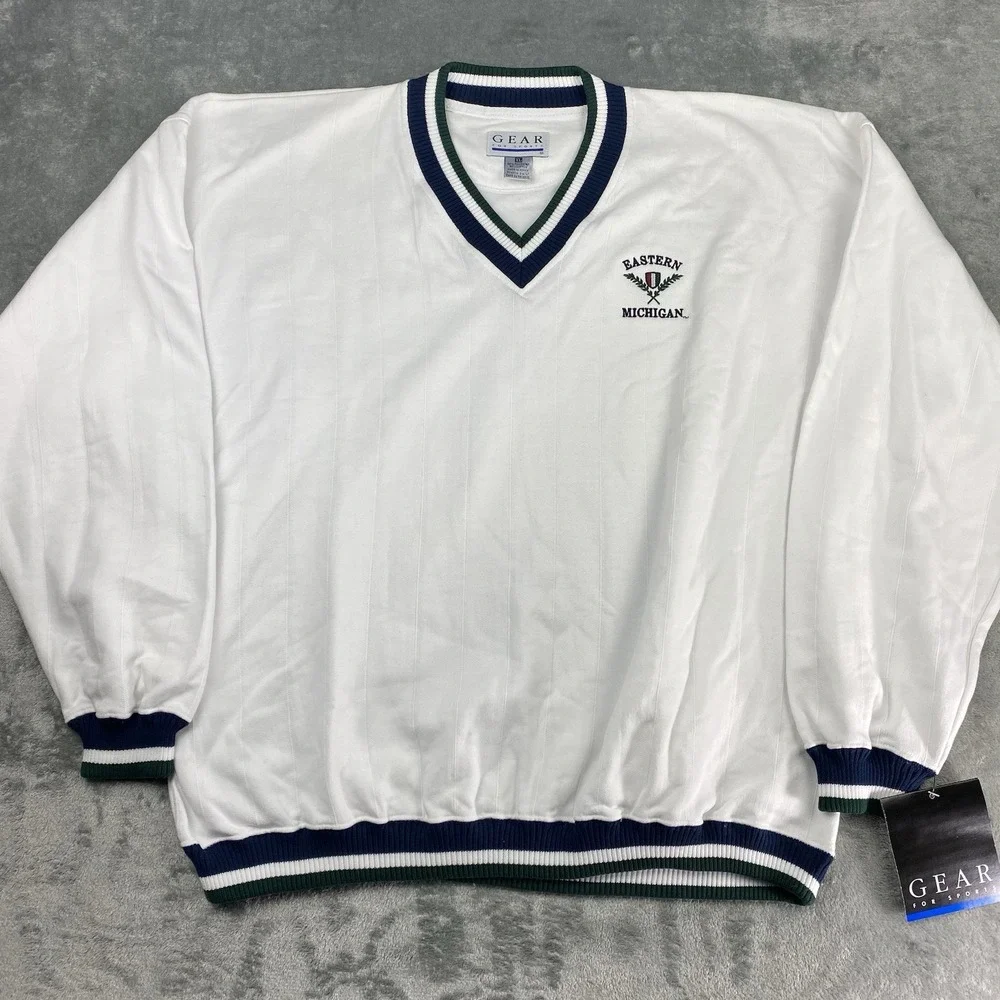 Vintage Eastern Michigan Sweatshirt Mens XL White Varsity V Neck Gear for Sports